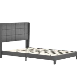 Redom Lit 140x200 cm tapissé lin gris avec tête de lit rembourrée haute et matelas à ressorts 140x200 cm inclus* Lit Double