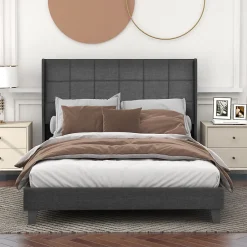 Redom Lit 140x200 cm tapissé lin gris avec tête de lit rembourrée haute et matelas à ressorts 140x200 cm inclus* Lit Double