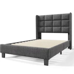 Redom Lit 90x200 cm tapissé lin gris avec tête de lit haute et pieds noirs, design moderne élégant* Lit Double