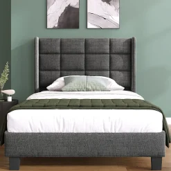 Redom Lit 90x200 cm tapissé lin gris avec tête de lit haute et pieds noirs, design moderne élégant* Lit Double