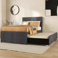 Lit 90x200 cm tapissé lin gris avec lit gigogne et trois tiroirs, cadre bois robuste et tête de lit réglable>Redom Discount