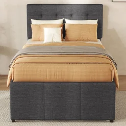 Lit 90x200 cm tapissé lin gris avec lit gigogne et trois tiroirs, cadre bois robuste et tête de lit réglable>Redom Discount