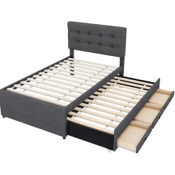 Lit 90x200 cm tapissé lin gris avec lit gigogne et trois tiroirs, cadre bois robuste et tête de lit réglable><noscript><img width=