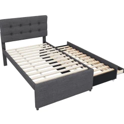 Lit 90x200 cm tapissé lin gris avec lit gigogne et trois tiroirs, cadre bois robuste et tête de lit réglable><noscript><img width=