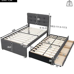 Lit 90x200 cm tapissé lin gris avec lit gigogne et trois tiroirs, cadre bois robuste et tête de lit réglable><noscript><img width=