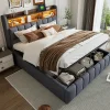 Lit 180x200 cm tapissé lin gris avec tête de lit LED multicolore, rangement hydraulique et prises USB>Redom Best