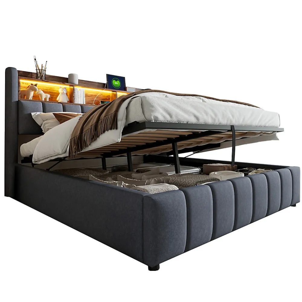 Lit 180x200 cm tapissé lin gris avec tête de lit LED multicolore, rangement hydraulique et prises USB>Redom Best