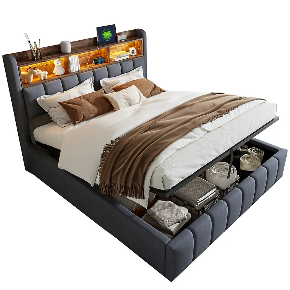 Lit 180x200 cm tapissé lin gris avec tête de lit LED multicolore, rangement hydraulique et prises USB>Redom Best