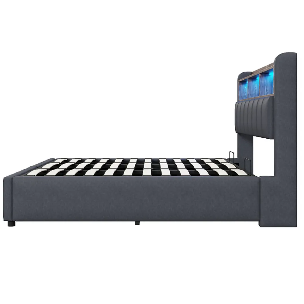 Lit 180x200 cm tapissé lin gris avec tête de lit LED multicolore, rangement hydraulique et prises USB>Redom Best