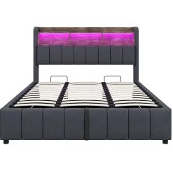 Lit 180x200 cm tapissé lin gris avec tête de lit LED multicolore, rangement hydraulique et prises USB><noscript><img width=