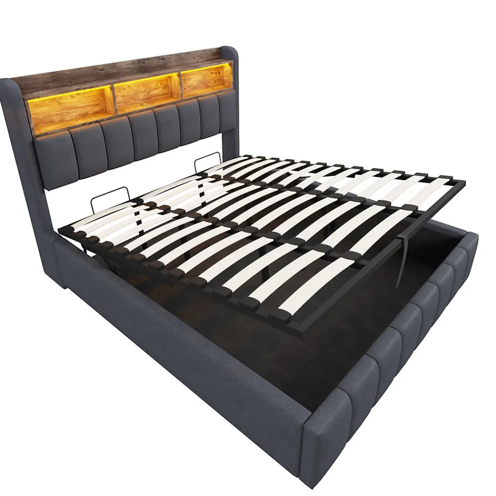 Lit 180x200 cm tapissé lin gris avec tête de lit LED multicolore, rangement hydraulique et prises USB>Redom Best