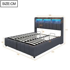 Lit 180x200 cm tapissé lin gris avec tête de lit LED multicolore, rangement hydraulique et prises USB><noscript><img width=