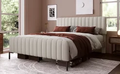 Redom Lit 180x200 cm tapissé lin gris-beige, tête réglable 16-22 cm, compatible avec sommier coffre, cadre métal* Ensemble Sommier Et Matelas