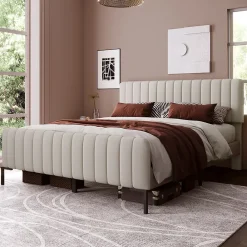Redom Lit 180x200 cm tapissé lin gris-beige, tête réglable 16-22 cm, compatible avec sommier coffre, cadre métal* Ensemble Sommier Et Matelas