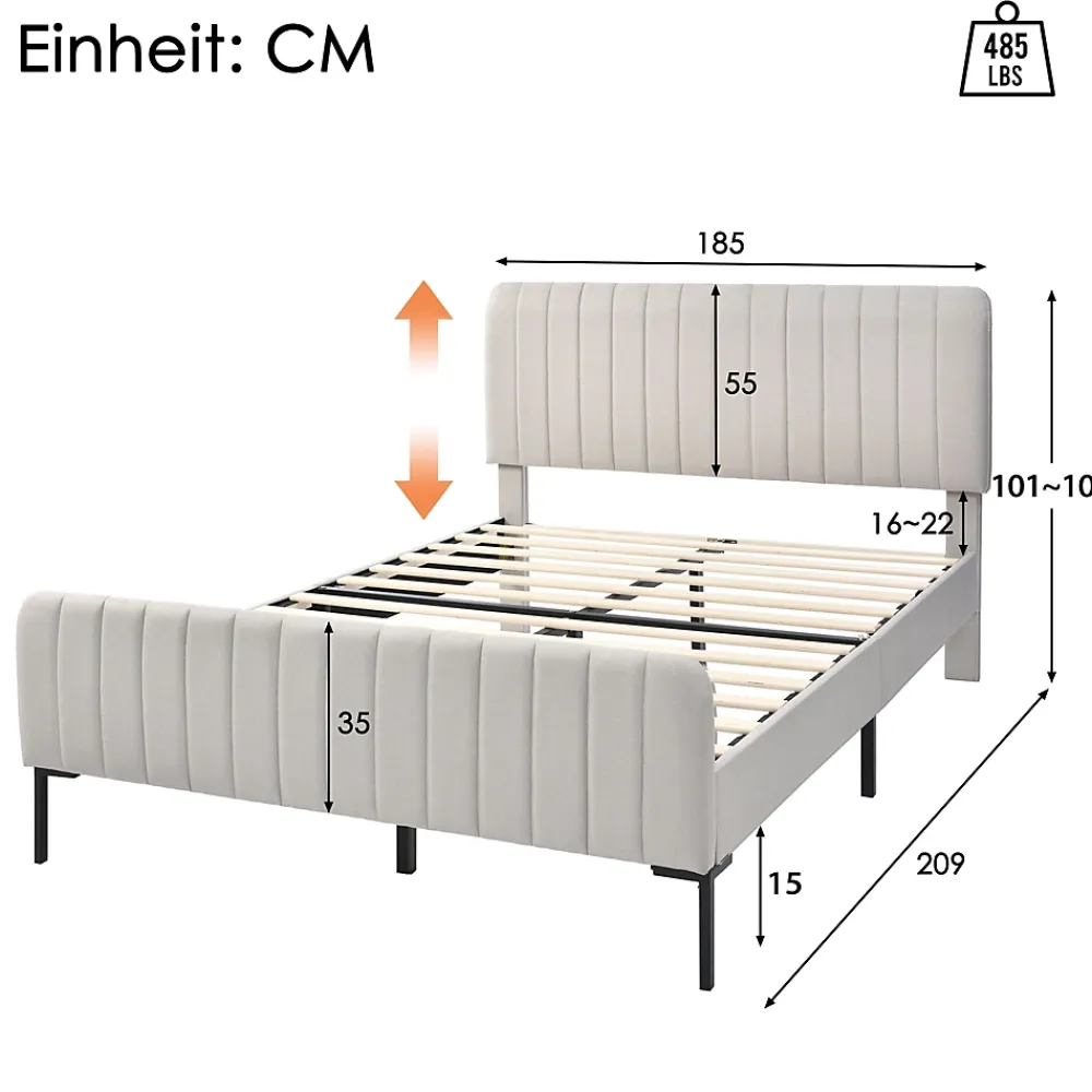Redom Lit 180x200 cm tapissé lin gris-beige, tête réglable 16-22 cm, compatible avec sommier coffre, cadre métal* Ensemble Sommier Et Matelas