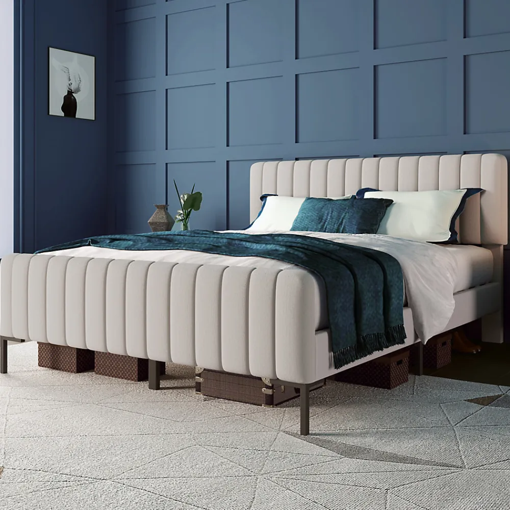 Redom Lit 180x200 cm tapissé lin gris-beige, tête réglable 16-22 cm, compatible avec sommier coffre, cadre métal* Ensemble Sommier Et Matelas