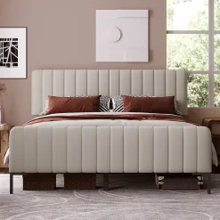 Redom Lit 180x200 cm tapissé lin gris-beige, tête réglable 16-22 cm, compatible avec sommier coffre, cadre métal* Ensemble Sommier Et Matelas