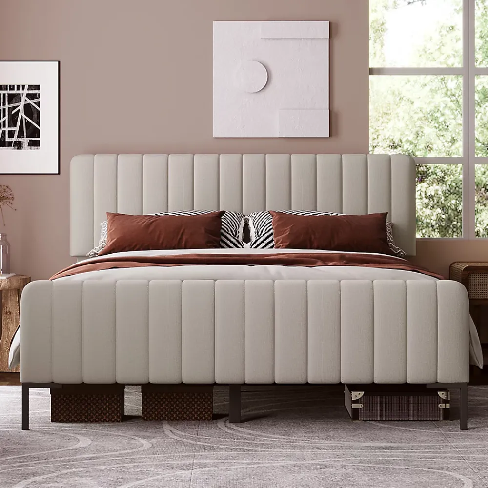 Redom Lit 180x200 cm tapissé lin gris-beige, tête réglable 16-22 cm, compatible avec sommier coffre, cadre métal* Ensemble Sommier Et Matelas