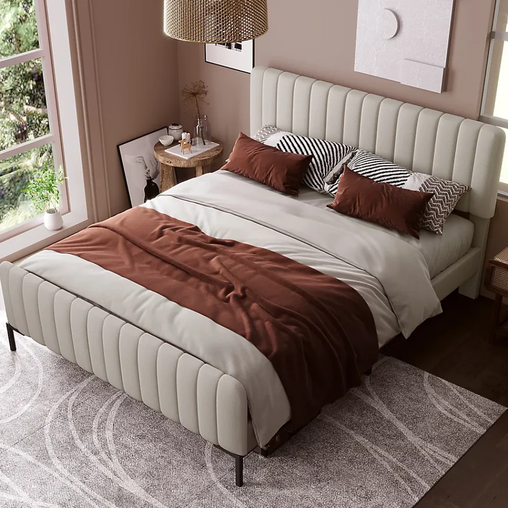 Redom Lit 180x200 cm tapissé lin gris-beige, tête réglable 16-22 cm, compatible avec sommier coffre, cadre métal* Ensemble Sommier Et Matelas