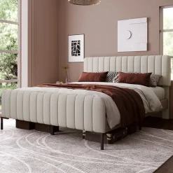 Lit 140x200 cm tapissé lin gris-beige avec sommier à lattes et tête de lit réglable>Redom Hot