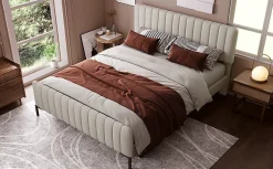 Lit 140x200 cm tapissé lin gris-beige avec sommier à lattes et tête de lit réglable><noscript><img width=