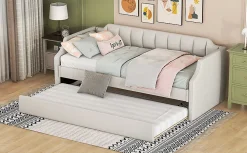 Lit 90x200 cm tapissé lin-coton beige avec sommier gigogne à roulettes, design moderne et élégant><noscript><img width=