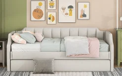 Lit 90x200 cm tapissé lin-coton beige avec sommier gigogne à roulettes, design moderne et élégant><noscript><img width=