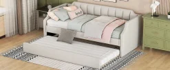 Lit 90x200 cm tapissé lin-coton beige avec sommier gigogne à roulettes, design moderne et élégant><noscript><img width=