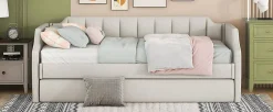 Lit 90x200 cm tapissé lin-coton beige avec sommier gigogne à roulettes, design moderne et élégant><noscript><img width=