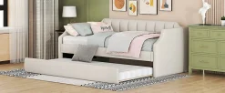 Lit 90x200 cm tapissé lin-coton beige avec sommier gigogne à roulettes, design moderne et élégant><noscript><img width=