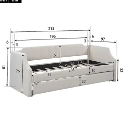 Lit 90x200 cm tapissé lin-coton beige avec sommier gigogne à roulettes, design moderne et élégant><noscript><img width=