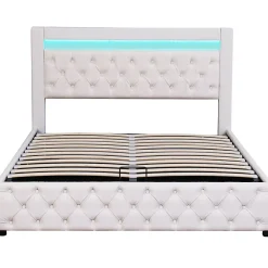 Redom Lit 140x200 cm tapissé PU blanc avec rangement intégré et tête de lit LED, design classique et contemporain* Lit Avec Rangement