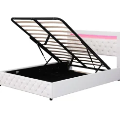 Redom Lit 140x200 cm tapissé PU blanc avec rangement intégré et tête de lit LED, design classique et contemporain* Lit Avec Rangement