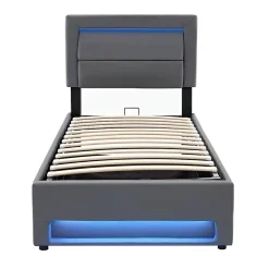 Lit 160x190 cm tapissé PU gris avec éclairage LED et ports USB escamotables, rangement sous le lit><noscript><img width=