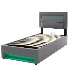 Lit 160x190 cm tapissé PU gris avec éclairage LED et ports USB escamotables, rangement sous le lit><noscript><img width=