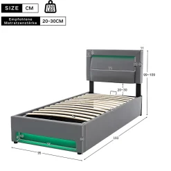 Lit 160x190 cm tapissé PU gris avec éclairage LED et ports USB escamotables, rangement sous le lit><noscript><img width=