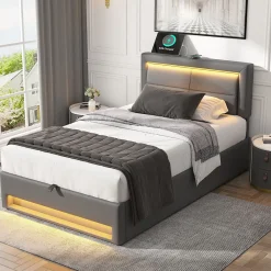 Redom Lit 90x200 cm tapissé PU gris avec éclairage LED, ports USB escamotables et rangement intégré* Lit Avec Rangement