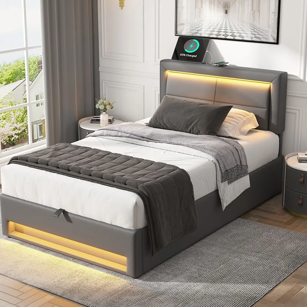 Redom Lit 90x200 cm tapissé PU gris avec éclairage LED, ports USB escamotables et rangement intégré* Lit Avec Rangement