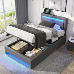 Redom Lit 90x200 cm tapissé PU gris avec éclairage LED, ports USB escamotables et rangement intégré* Lit Avec Rangement