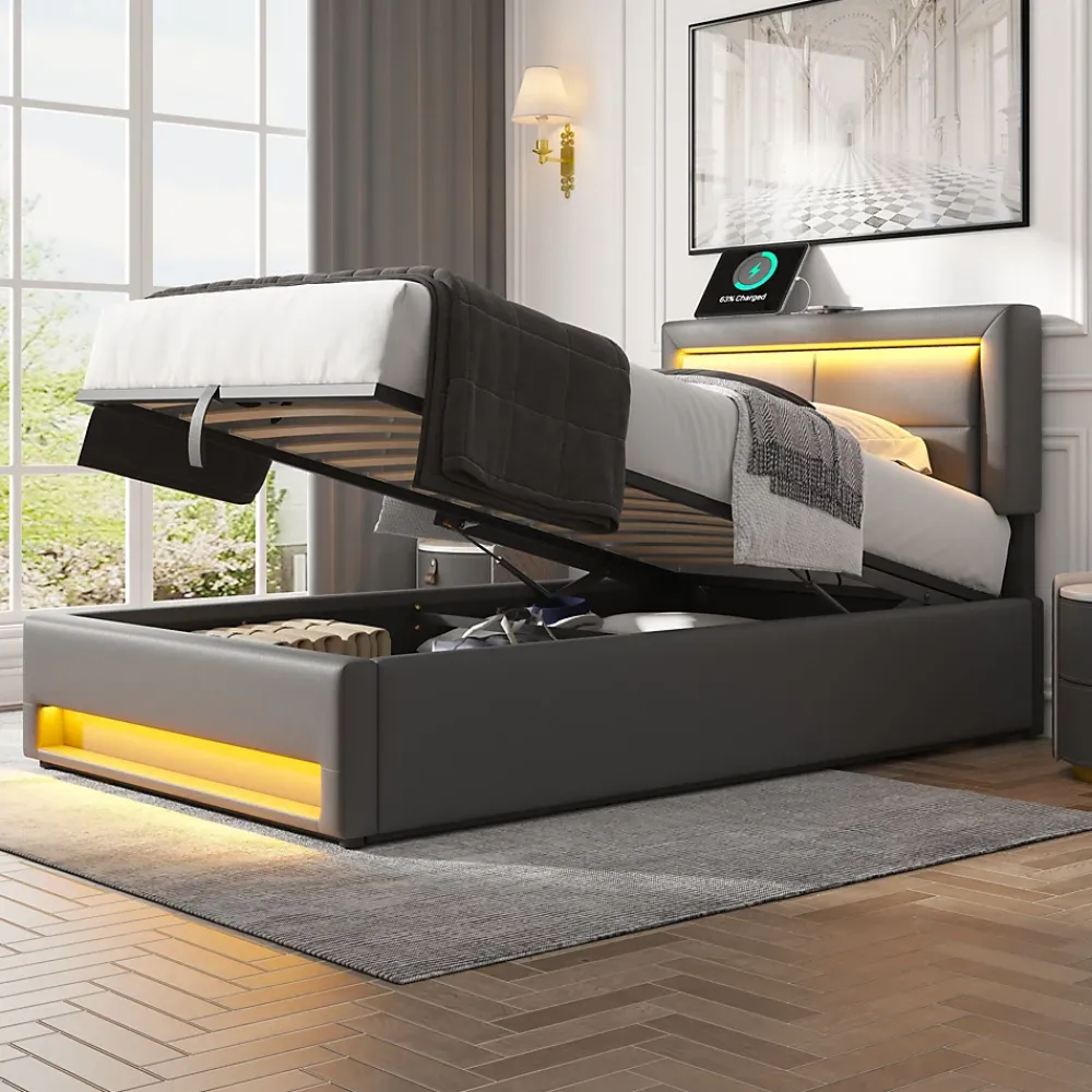 Redom Lit 90x200 cm tapissé PU gris avec éclairage LED, ports USB escamotables et rangement intégré* Lit Avec Rangement