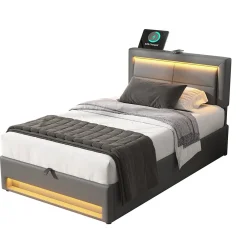 Redom Lit 90x200 cm tapissé PU gris avec éclairage LED, ports USB escamotables et rangement intégré* Lit Avec Rangement