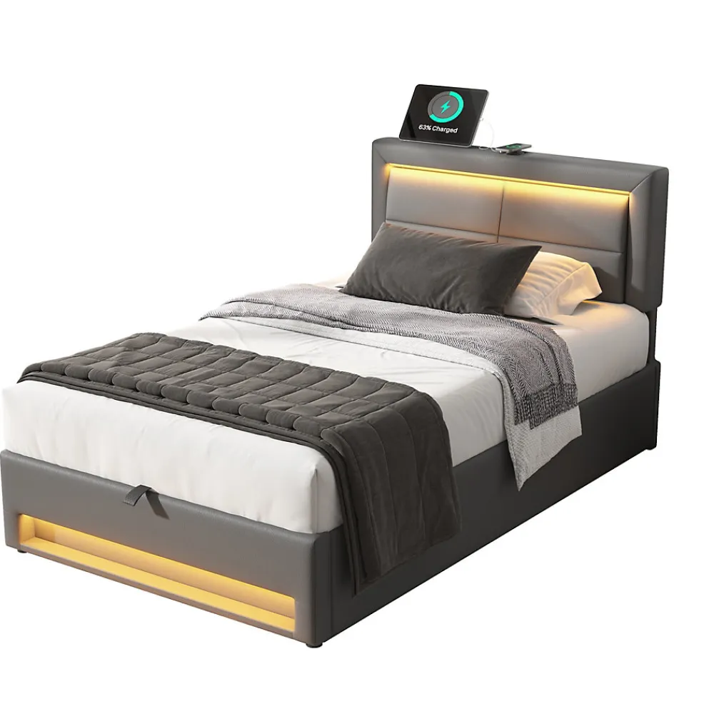 Redom Lit 90x200 cm tapissé PU gris avec éclairage LED, ports USB escamotables et rangement intégré* Lit Avec Rangement