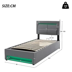 Redom Lit 90x200 cm tapissé PU gris avec éclairage LED, ports USB escamotables et rangement intégré* Lit Avec Rangement