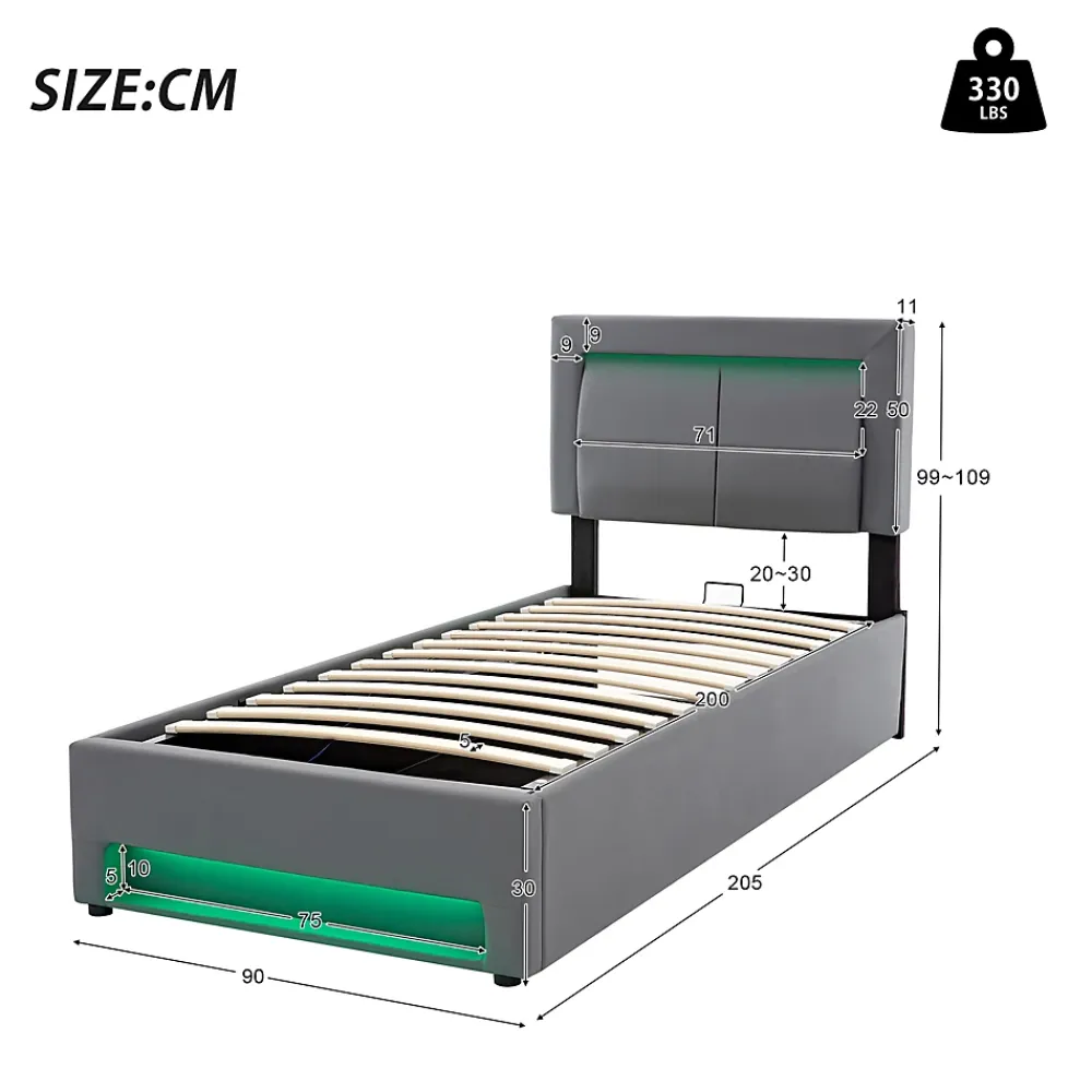 Redom Lit 90x200 cm tapissé PU gris avec éclairage LED, ports USB escamotables et rangement intégré* Lit Avec Rangement