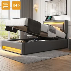Redom Lit 90x200 cm tapissé PU gris avec éclairage LED, ports USB escamotables et rangement intégré* Lit Avec Rangement