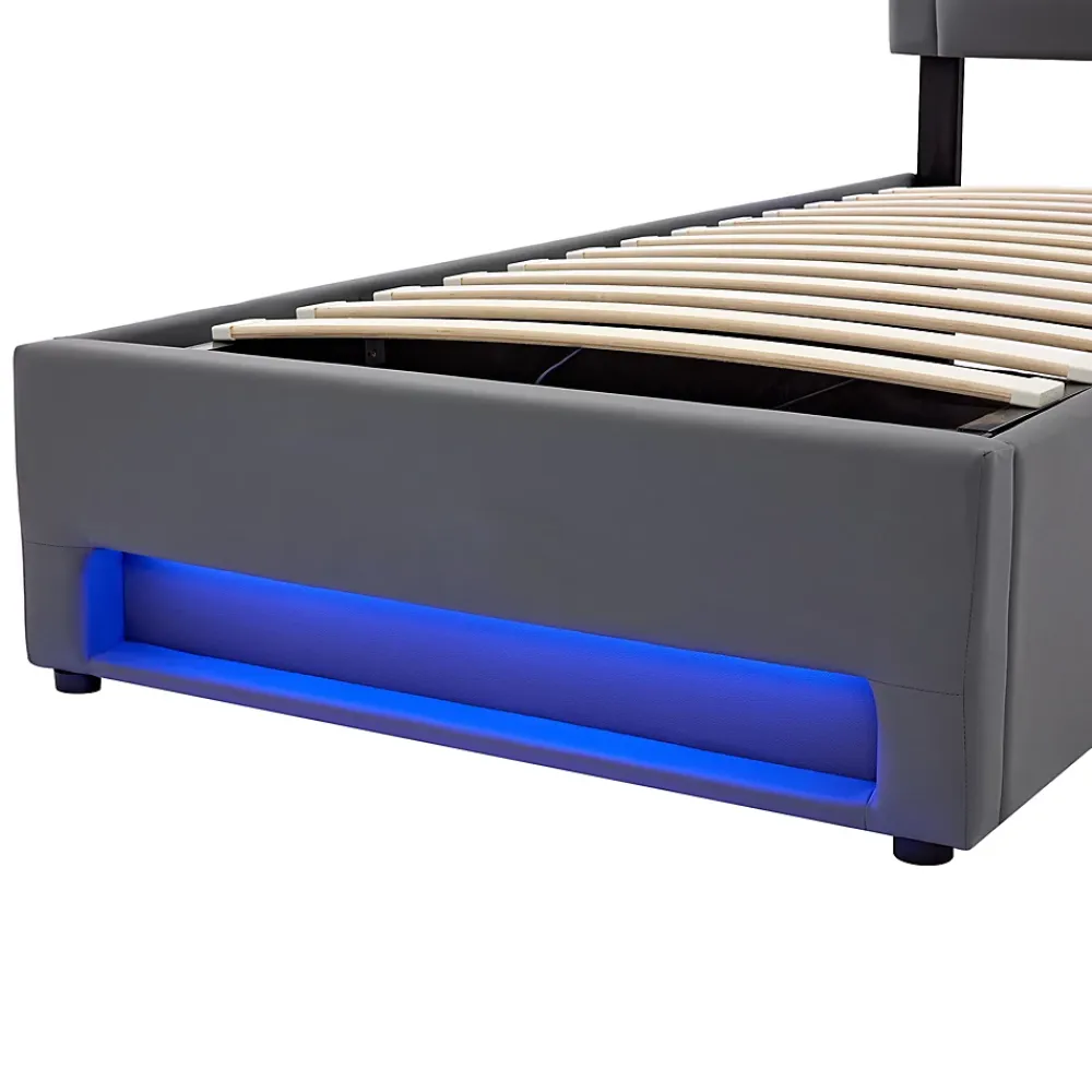 Redom Lit 90x200 cm tapissé PU gris avec éclairage LED, ports USB escamotables et rangement intégré* Lit Avec Rangement