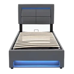 Redom Lit 90x200 cm tapissé PU gris avec éclairage LED, ports USB escamotables et rangement intégré* Lit Avec Rangement