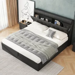 Redom Lit 140x200 cm tapissé PU noir avec tête de lit coffre et rangement hydraulique intégré, au design moderne* Lit Avec Rangement