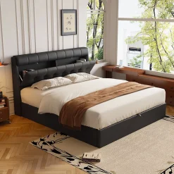 Redom Lit 140x200 cm tapissé PU noir avec tête de lit coffre et rangement hydraulique intégré, au design moderne* Lit Avec Rangement