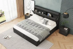 Redom Lit 140x200 cm tapissé PU noir avec tête de lit coffre et rangement hydraulique intégré, au design moderne* Lit Avec Rangement